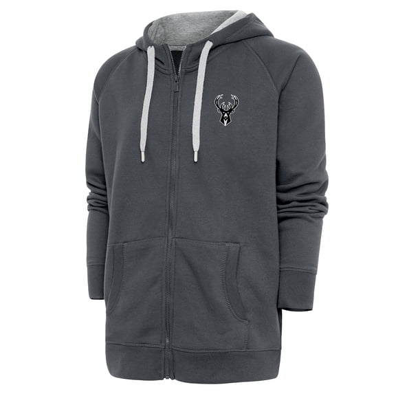Men's Antigua Charcoal Milwaukee Bucks Metallic Logo Victory Raglan Full-Zip Hoodie