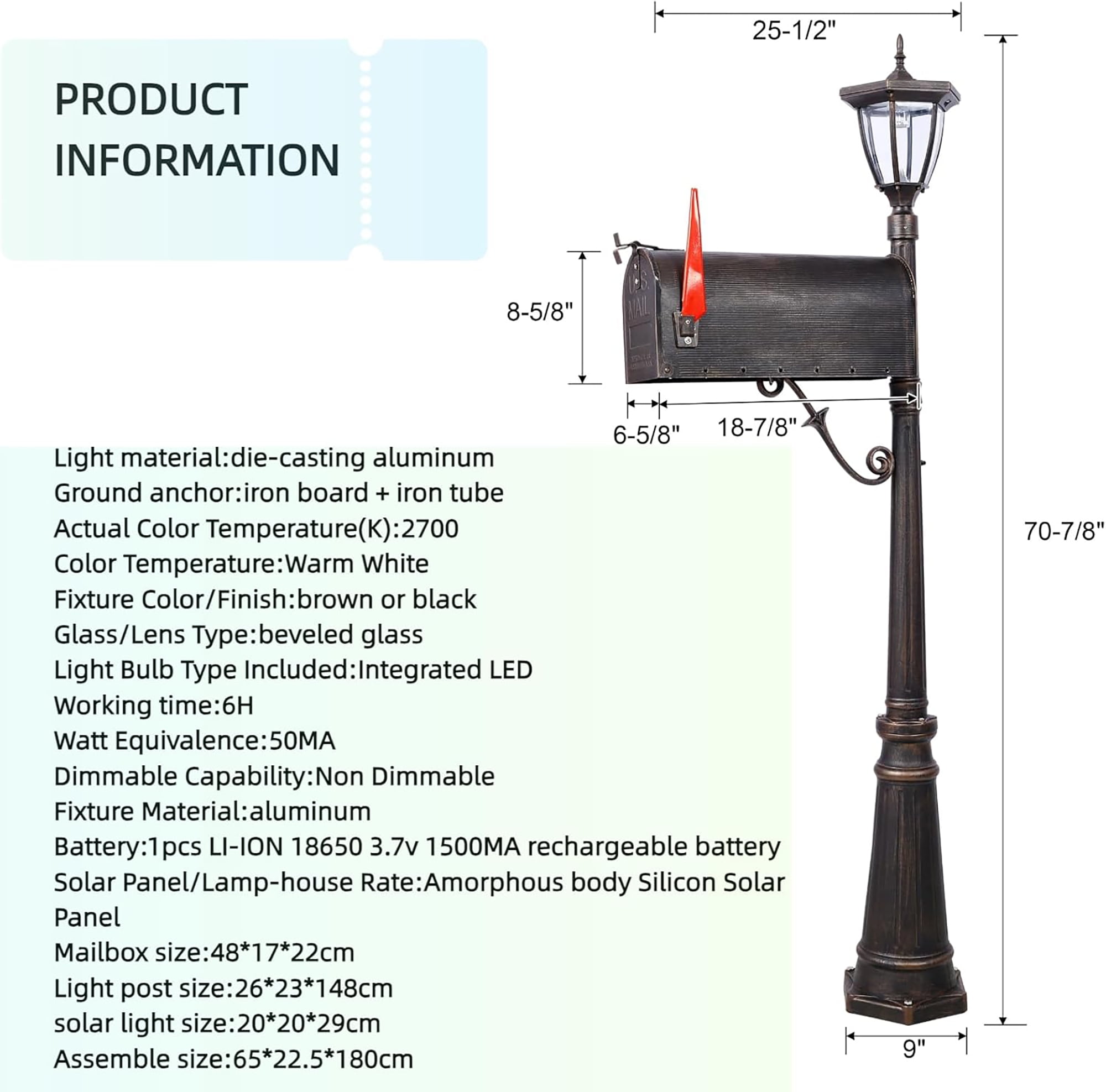Large Mailbox with Post &Solar Lights Combo, Stratford Heavy Duty Cast Aluminum Mailboxes for Outside,Decorative Modern Mail Box for Homes