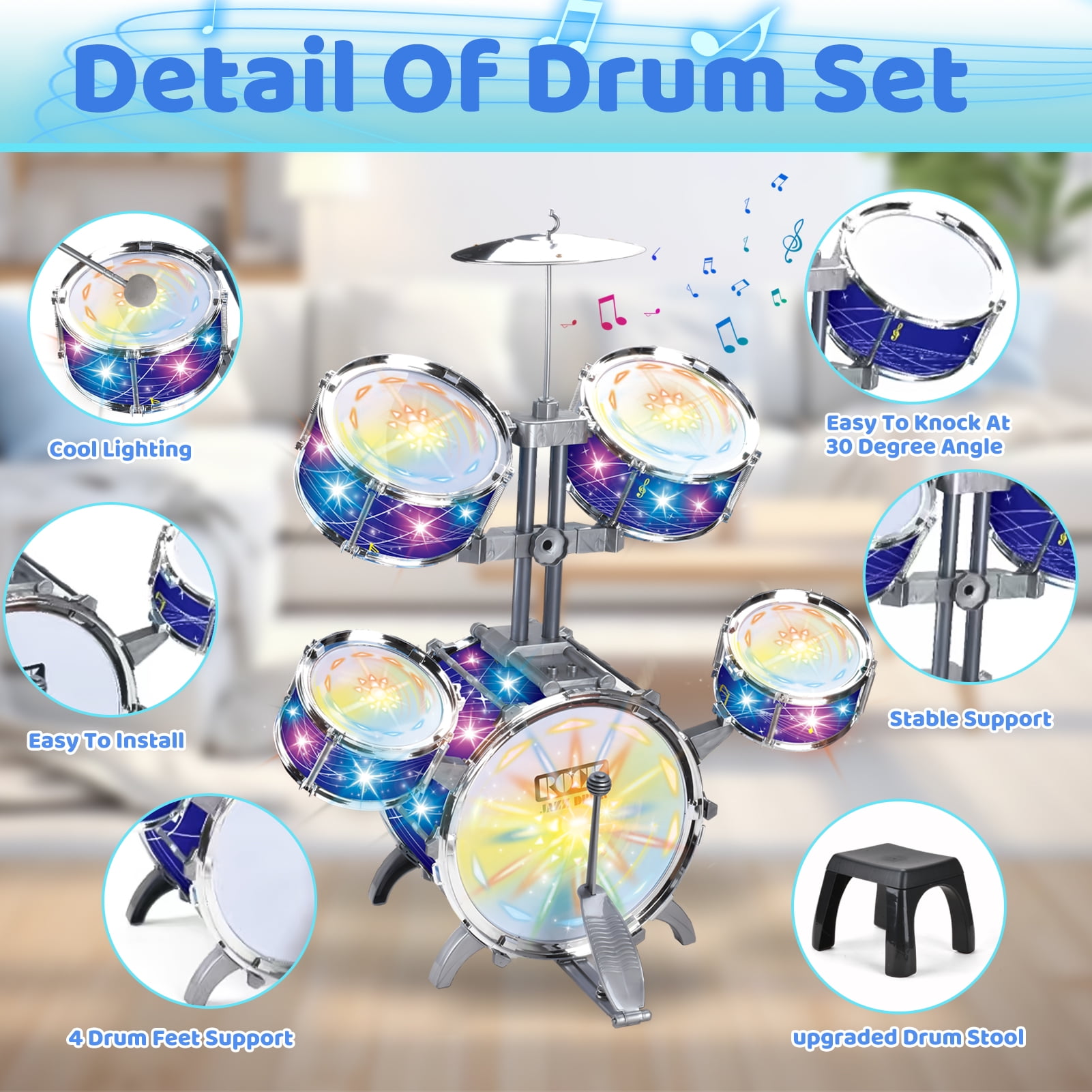 LINXUXIE Upgrade Big Size Kid Drum Set for Toddlers with 5 Jazz Drum Kit & Star Light Musical Instrument Toys,Boys Gils Gifts for Aged 1-3 3-5