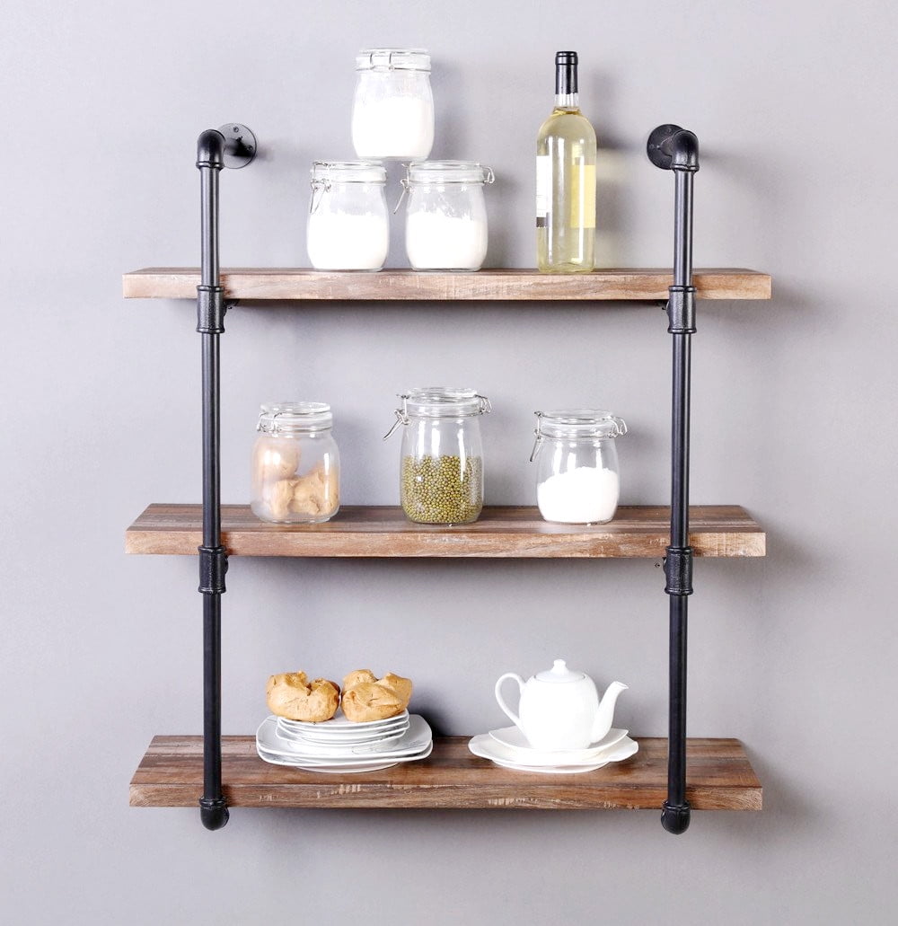 Industrial Pipe Shelves, 3Tier Wall Mount Iron Pipe Shelving, Vintage Black DIY Pipe Bookshelf