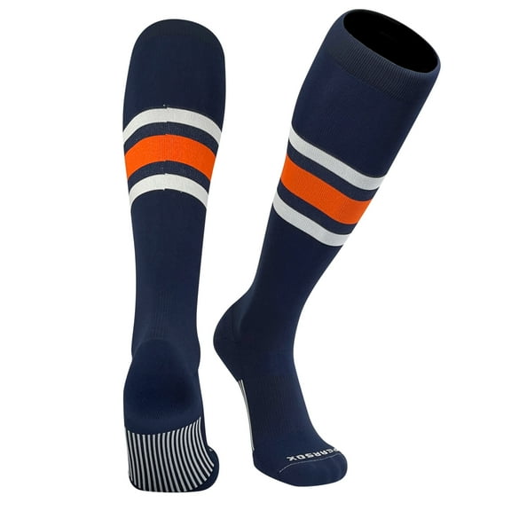 PEAR SOX Striped OTC Baseball, Softball, Football Socks (B) Navy Blue, White, Orange (XS)