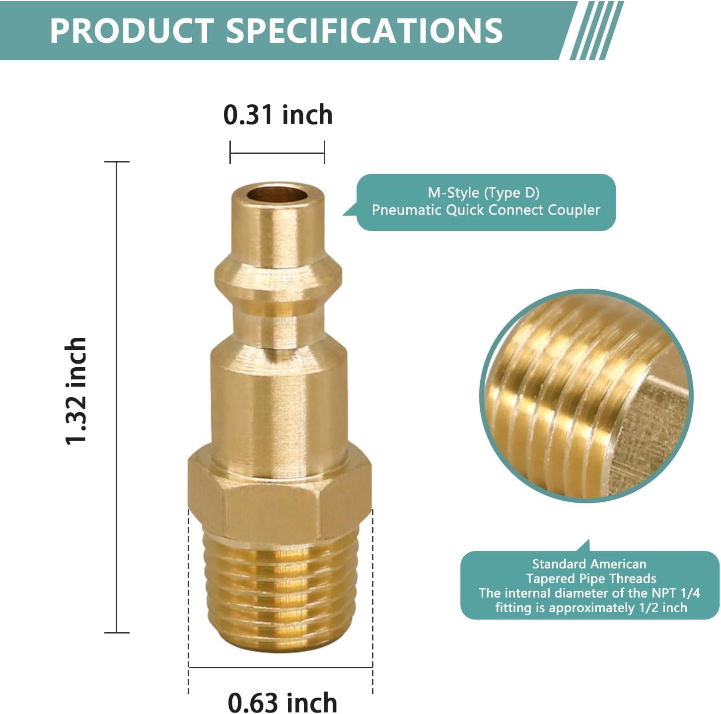 MKEUDQ-Type D Air Plug 1/4 NPT Brass Air Hose Fitting, Industrial Quick Connect Plug Adapter for Air Compressor, Pneumatic Tools And Hose Coupler, 4 PCS