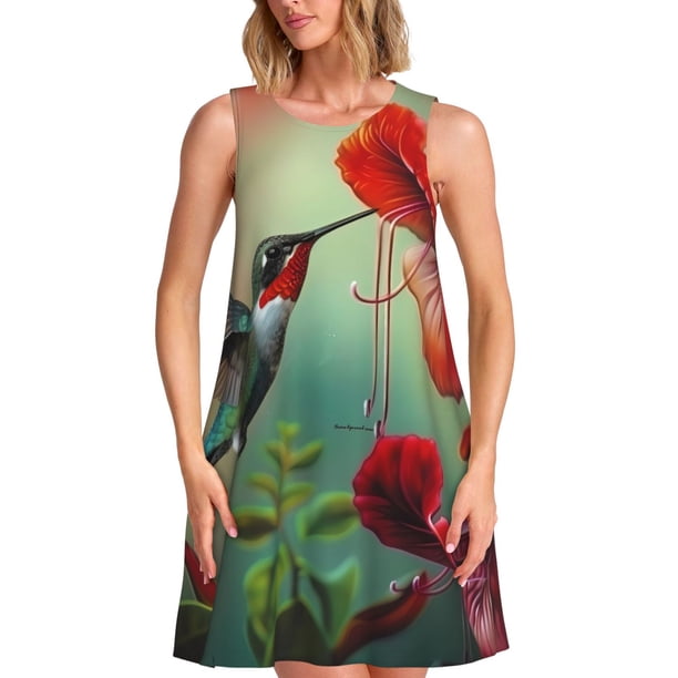 Disketp Hummingbird Floral Paradise para Vestido sin Mangas para Mujeres, Vestidos de Verano para Mujeres, Casual y Holgado para la Playa