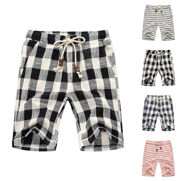 Plaid Shorts for Men 2026 Summer Casual Cotton Linen Lightweight Elastic Waist Straight Leg Beach Shorts with Pockets