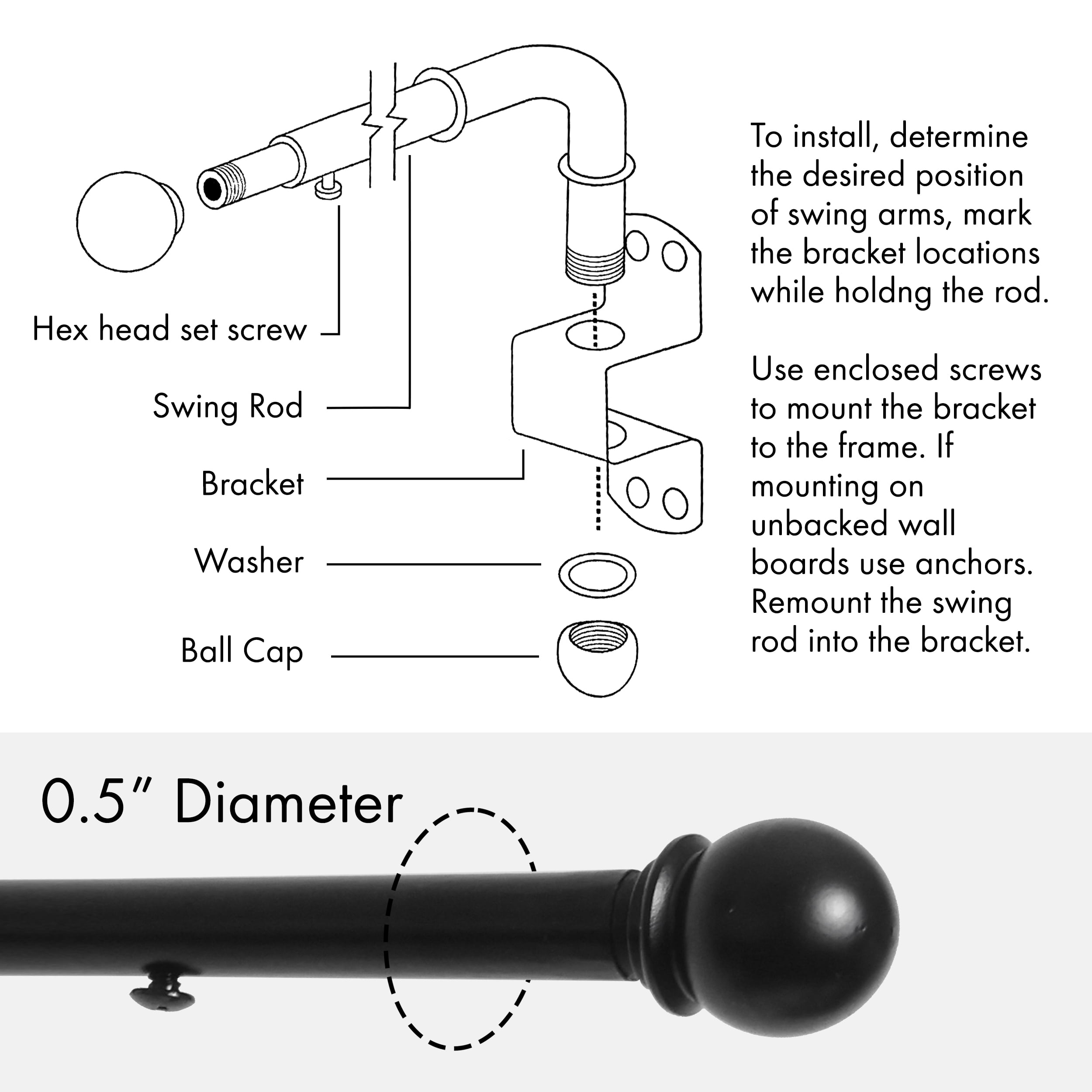 MERIVILLE 14"-24" Swing Arm Curtain Rod, 1/2" Diameter, Black, 2 Pieces