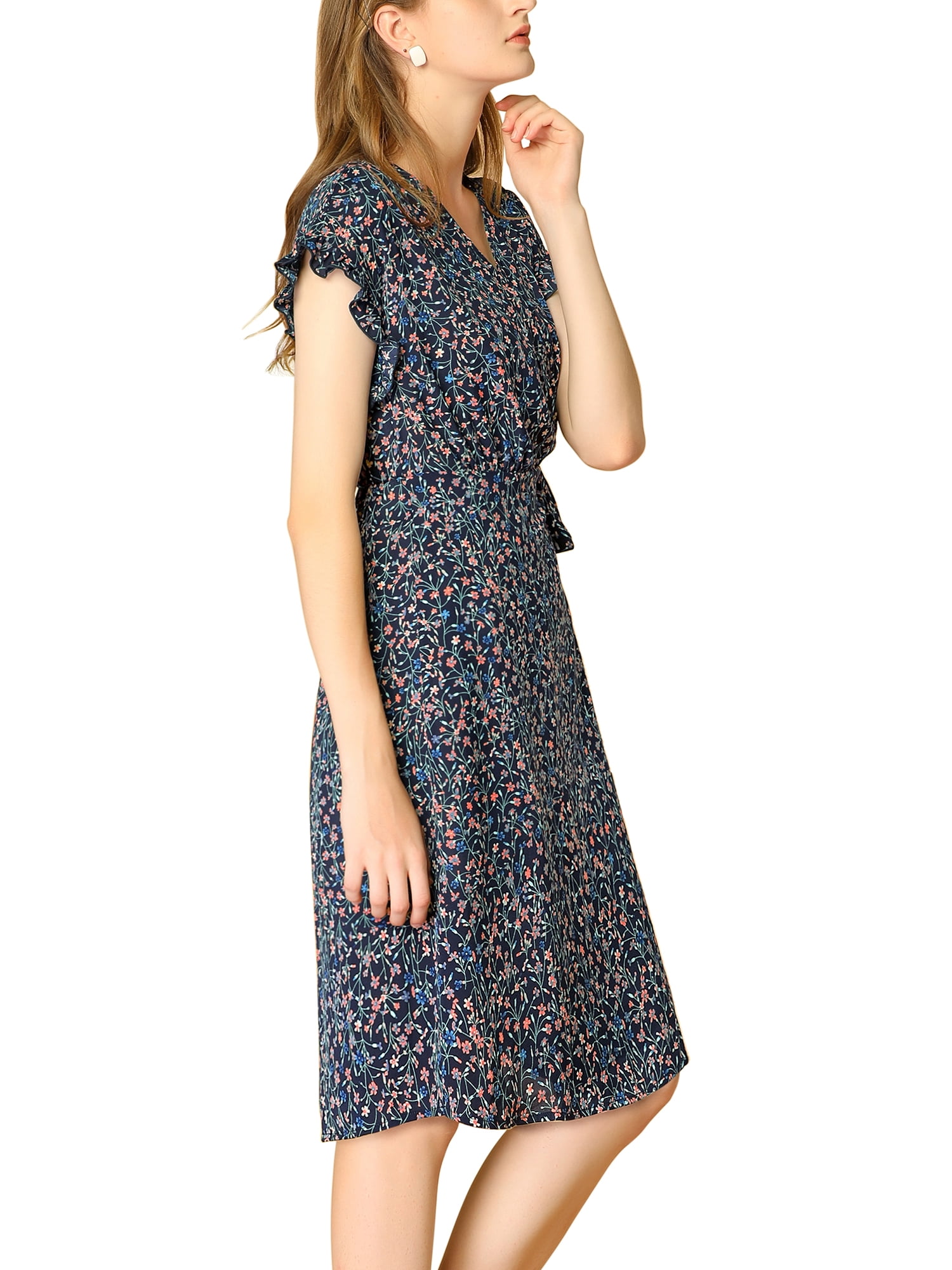 DARING DIVA V Neck Ruffle Trim Cuff Self Belt Printed Midi Wrap Dress M Blue