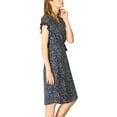 thumbnail image 2 of DARING DIVA V Neck Ruffle Trim Cuff Self Belt Printed Midi Wrap Dress M Blue, 2 of 7