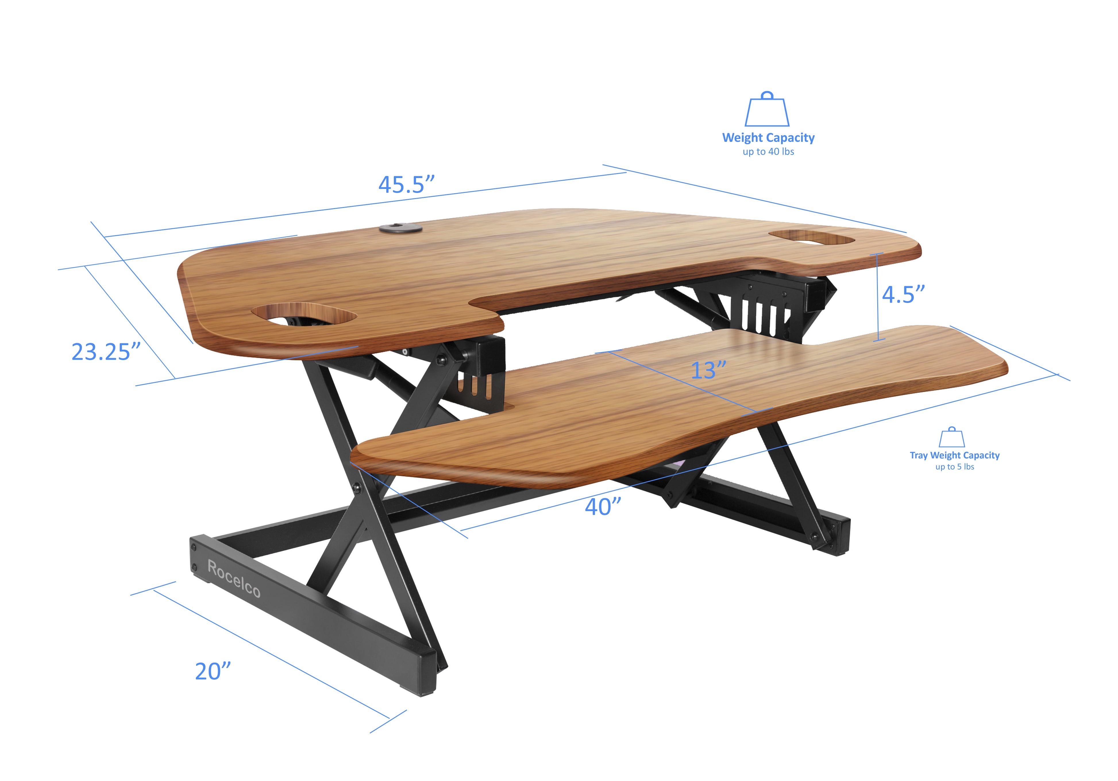 Rocelco 46" Large Height Adjustable Corner Standing Desk Converter, Quick Sit Stand Up Dual Monitor Riser, Gas Spring Assist Computer Workstation, Wide Keyboard Tray, Teak Wood Grain (R CADRT-46)