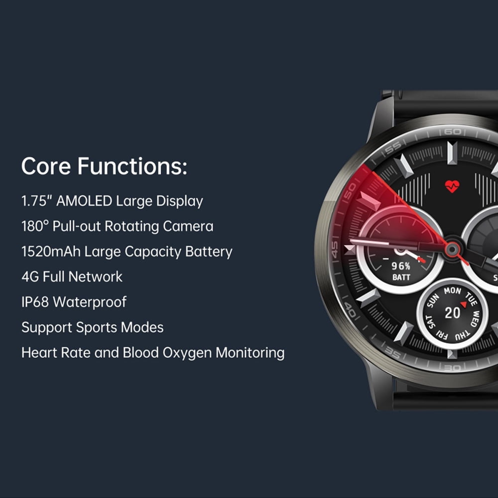 4G Smartwatch SL8541E Quad-Core 2GB 16GB Rotating Camera Men's Watch 1.75-inch AMOLED Large Screen Android 8.1 Smartwatch 1520mAh WiFi Bluetooth GPS Fitness Tracker Sports Watch (Black)