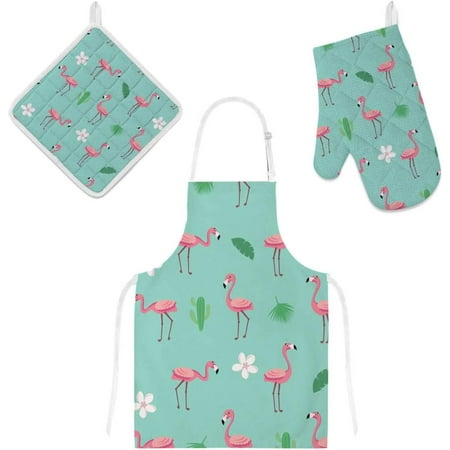 

Polyester Insulation Kitchen Oven Mitts Potholder Apron 3Pcs Set Flamingos and Tropical Flowers Non Slip Heat Resistant Gloves for Baking Cooking BBQ