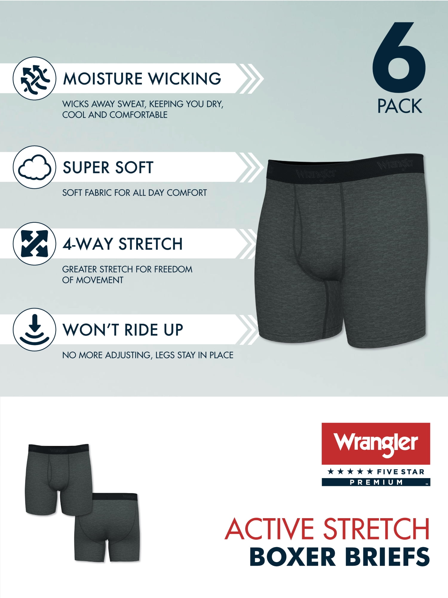 Wrangler Men's Active Stretch Boxer Brief Set, Underwear for Men, XL, 6 Pack
