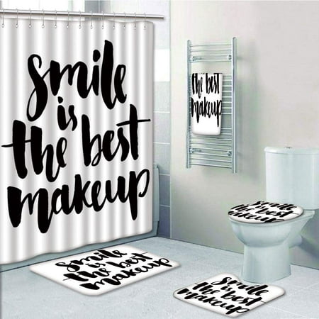 PRTAU Quote Smile is The Best Makeup Inspirational Phrase Hand Written Daily Motivations 5 Piece Bathroom Set Shower Curtain Bath Towel Bath Rug Contour Mat and Toilet Lid