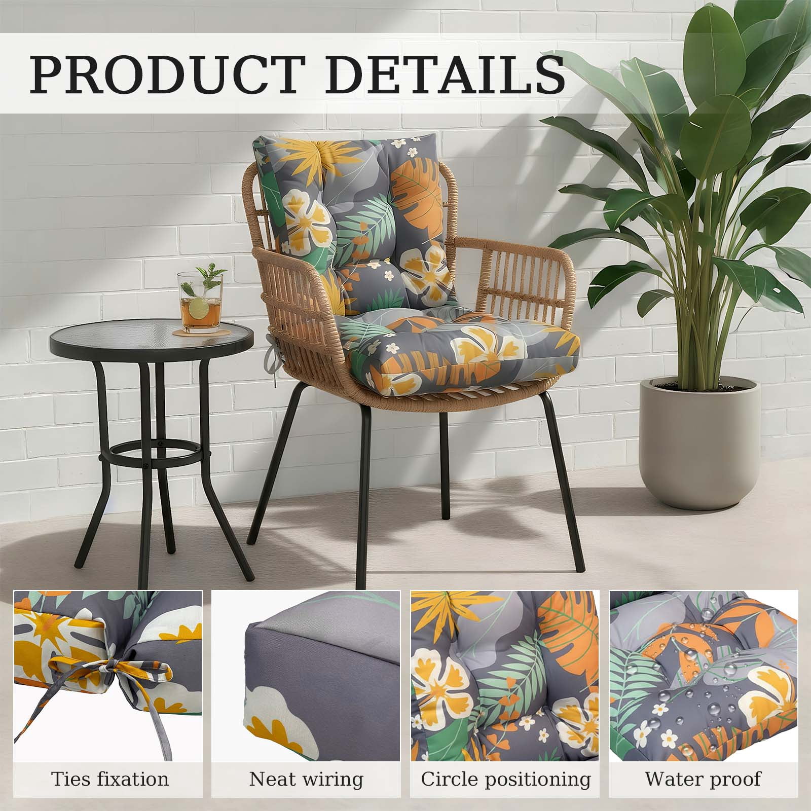 Eurhowing Waterproof Patio Rocking Chair Cushions 1-Piece, 3" Thick Outdoor Chair Cushion with Ties, Non-Slip Seat Pad for Garden Lawn Furniture, 1Pack, Floral