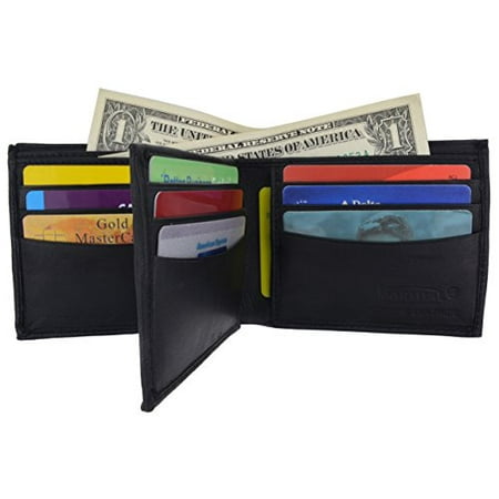 Leather Flap Over Card Case - Bifold Men's Genuine Leather Center Flap Multi Card Holder Wallet NEW (Black)