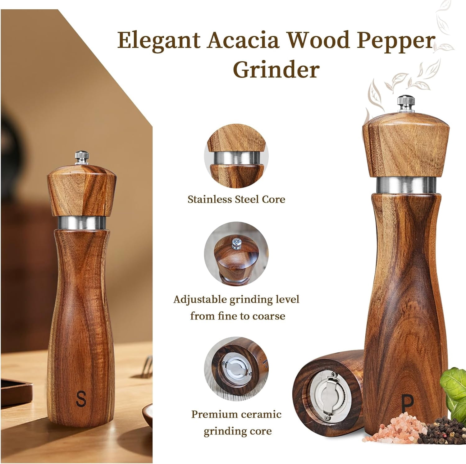 Salt and Pepper Mill Set, Wooden Salt and Pepper Grinders, Shakers with Ceramic Core- 8 Inches -Pack of 2