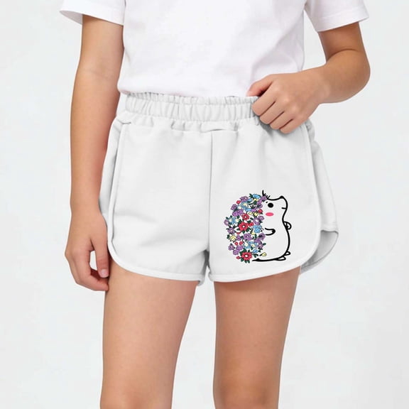 DAETIROS Girls Cotton Hedgehog Shorts White Elastic Waist Soft Breathable Summer Casual Kids Kids Sizes 1-12 Cute Playful Print,Size 11-12 T