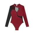 thumbnail image 5 of TiaoBug Women Rhinestone Color Block Ballet Dance Leotard Sheer Mesh Long Sleeve Gymnastics Bodysuit Tops Burgundy S, 5 of 7