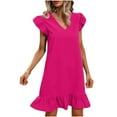 thumbnail image 2 of Teissuly Women's Solid Color Ruffle Elegant Loose Short Sleeved Round Neck Dress, 2 of 5