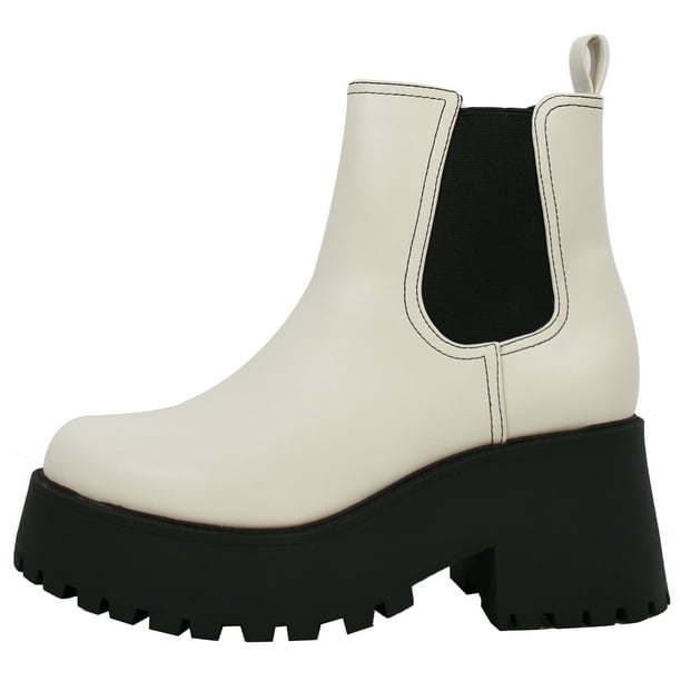 Soda Women's Chelsea Pull On Chunky Platform Block Heel Ankle Bootie, White 8 M US - Walmart.com