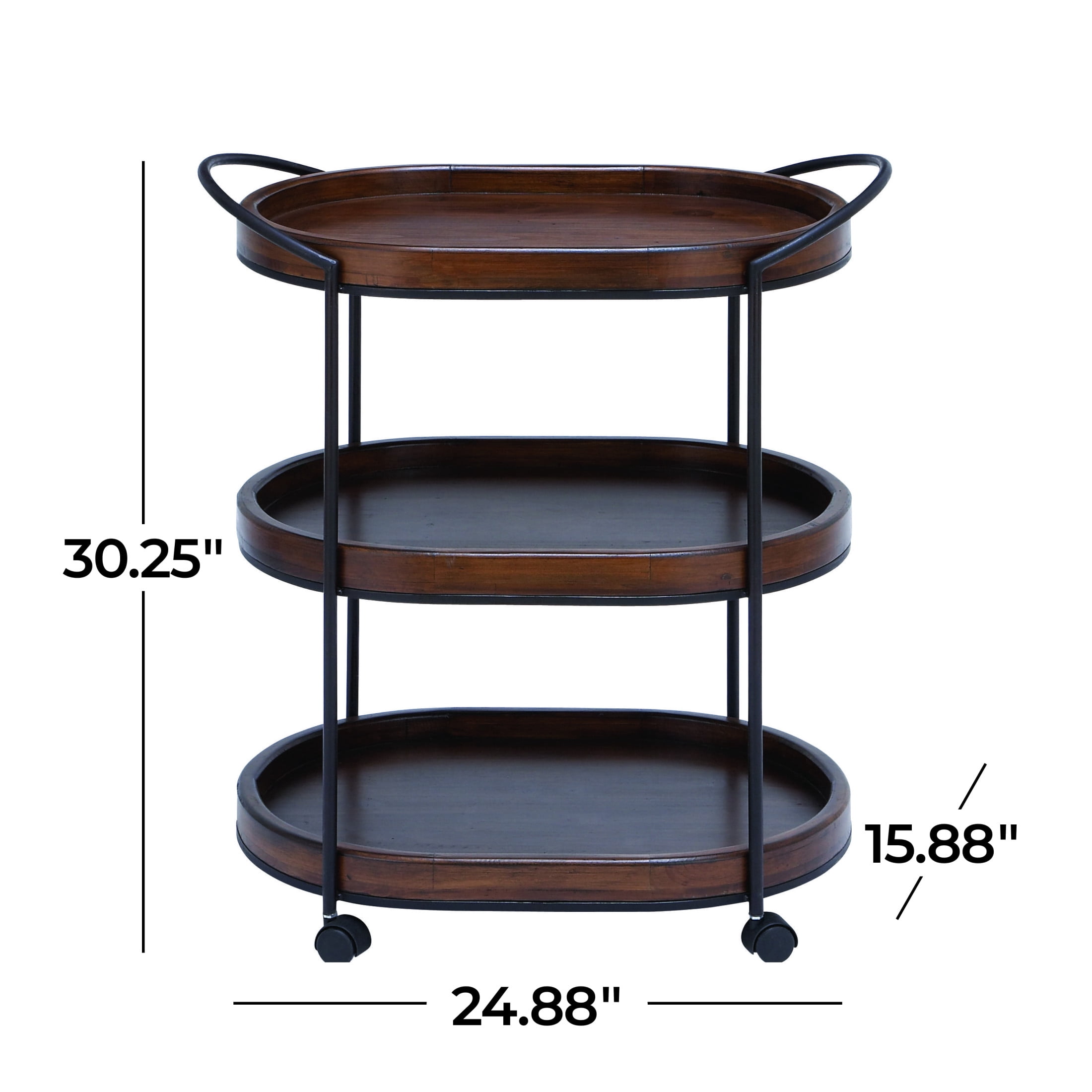 DecMode 25" x 30" Brown Wood Rolling Oval 3 Shelf Bar Cart with Black Metal Frame, 1-Piece