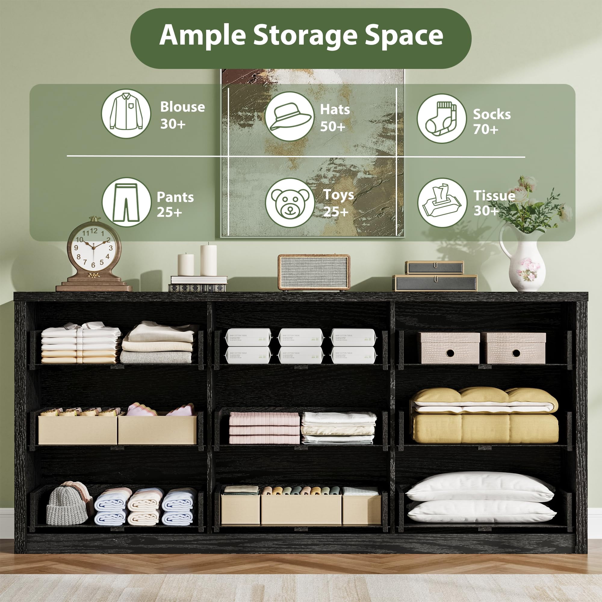 9 Drawer Dresser for Bedroom, Wide Chest of Drawers with Handleless Design, Large Wood Storage Organizer for Living Room Hallway Entryway, Modern Black