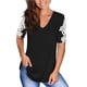 thumbnail image 1 of Blusa de manga corta con costuras de encaje, cuello en V, camisa clásica de color puro, verano para mujer, mujer, negro, XL, 1 of 6