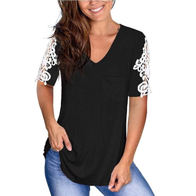 Blusa de manga corta con costuras de encaje, cuello en V, camisa clásica de color puro, verano para mujer, mujer, negro, M