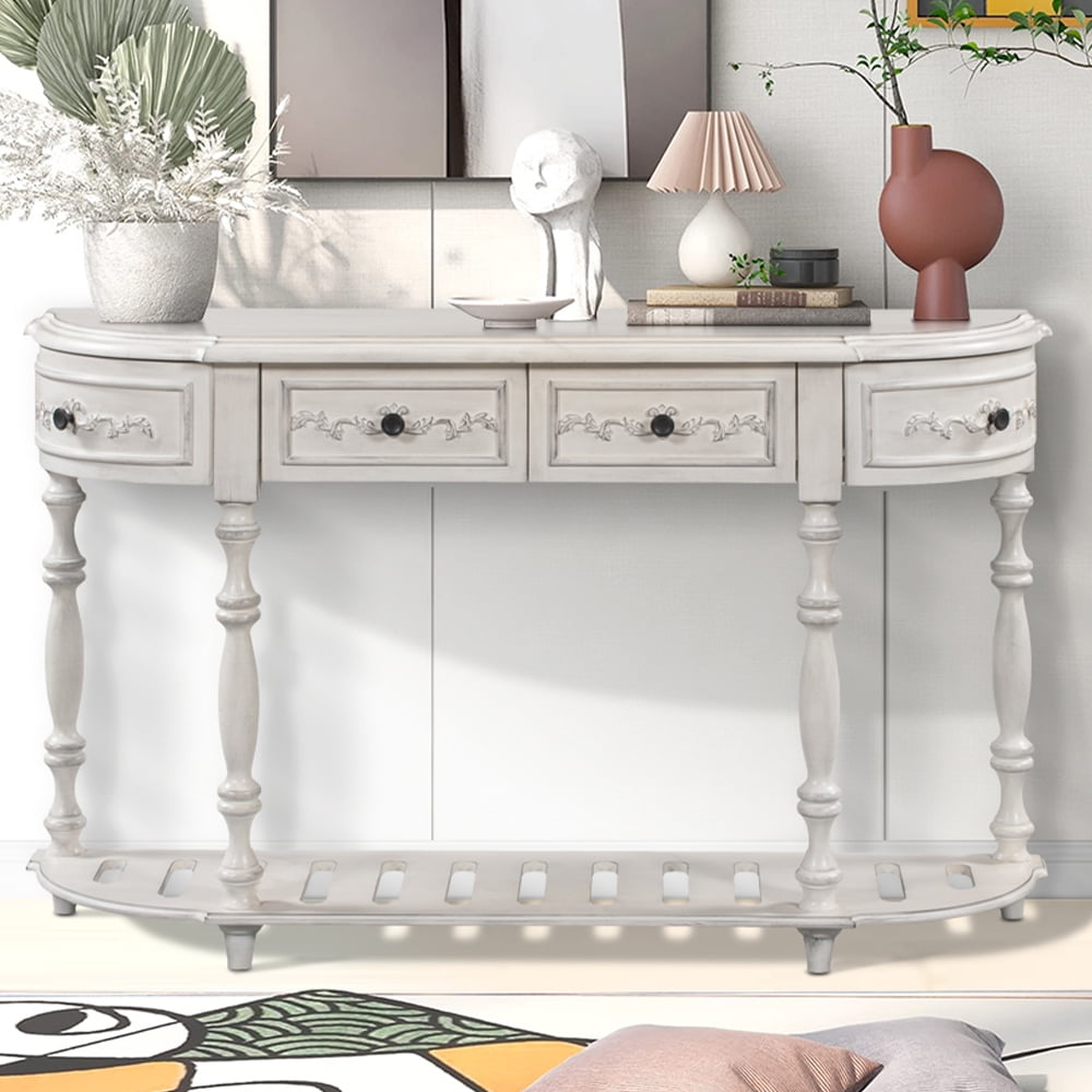 White Console Table with 4 Drawers, Vintage Curved Entryway Table