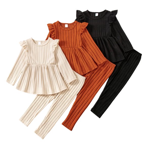 WUSUOWEI Girls Clothes Set 6 Pcs, Ruffle Knit Long Sleeve Top & Stretchy Pants Outfit, Soft Textured Knit, Elastic Waist, Girl Fall Winter Casual Outfit Set 6-7 Years