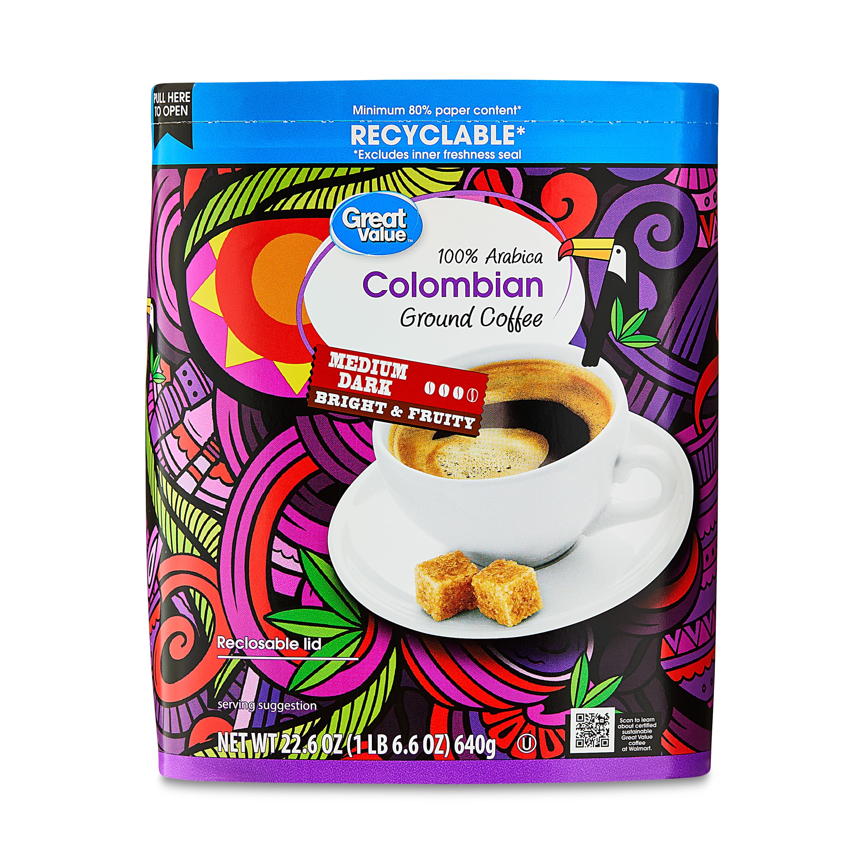 (6 pack) Great Value Colombian Medium Dark Roast Ground Coffee, 22.6 oz