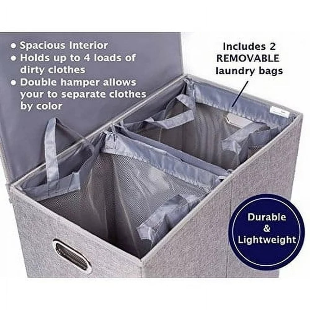 TEAFIRST Double Linen Laundry Hamper with Lid , Washing Clothes Storage Folding, for Home, Grey