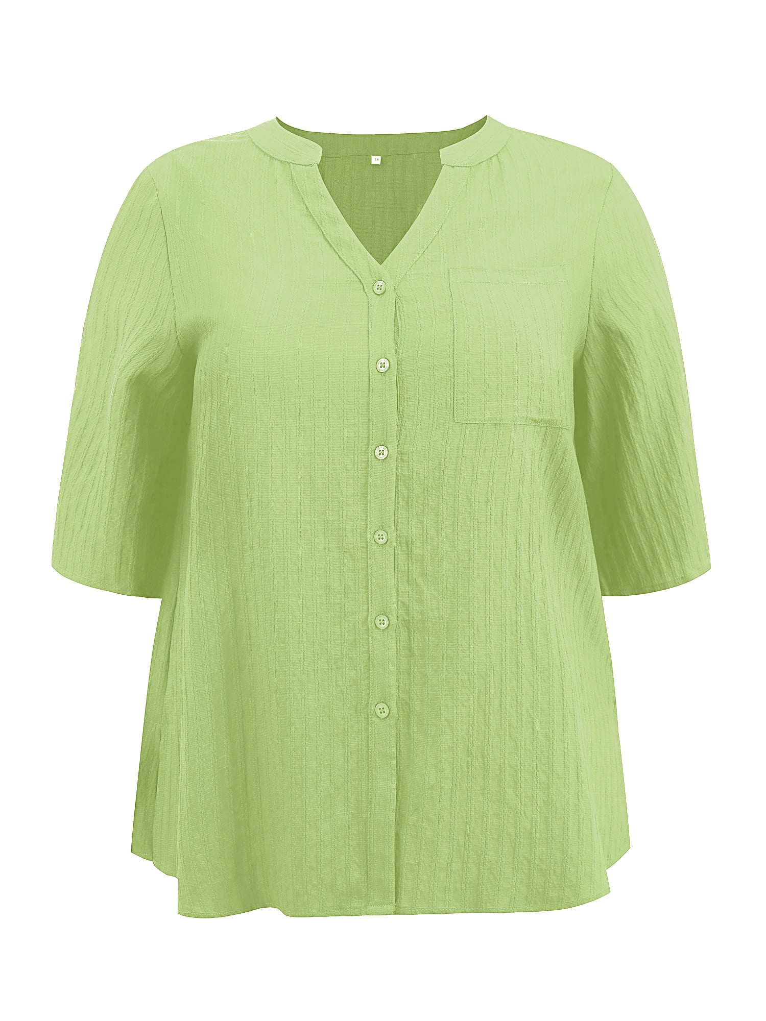 DARING DIVA Women's Plus Size V Neck 3/4 Sleeve Button Down Casual Blouse 1X Light Green