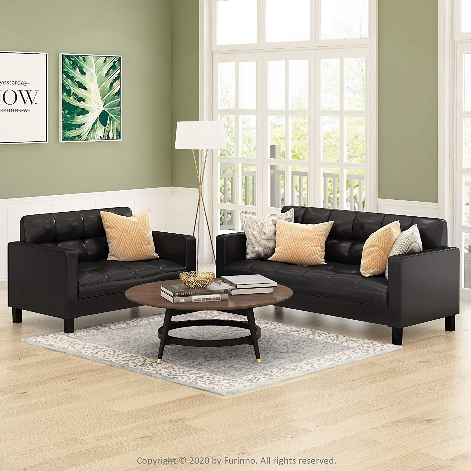 Furinno Brive Contemporary Tufted Loveseat, Black Faux Leather