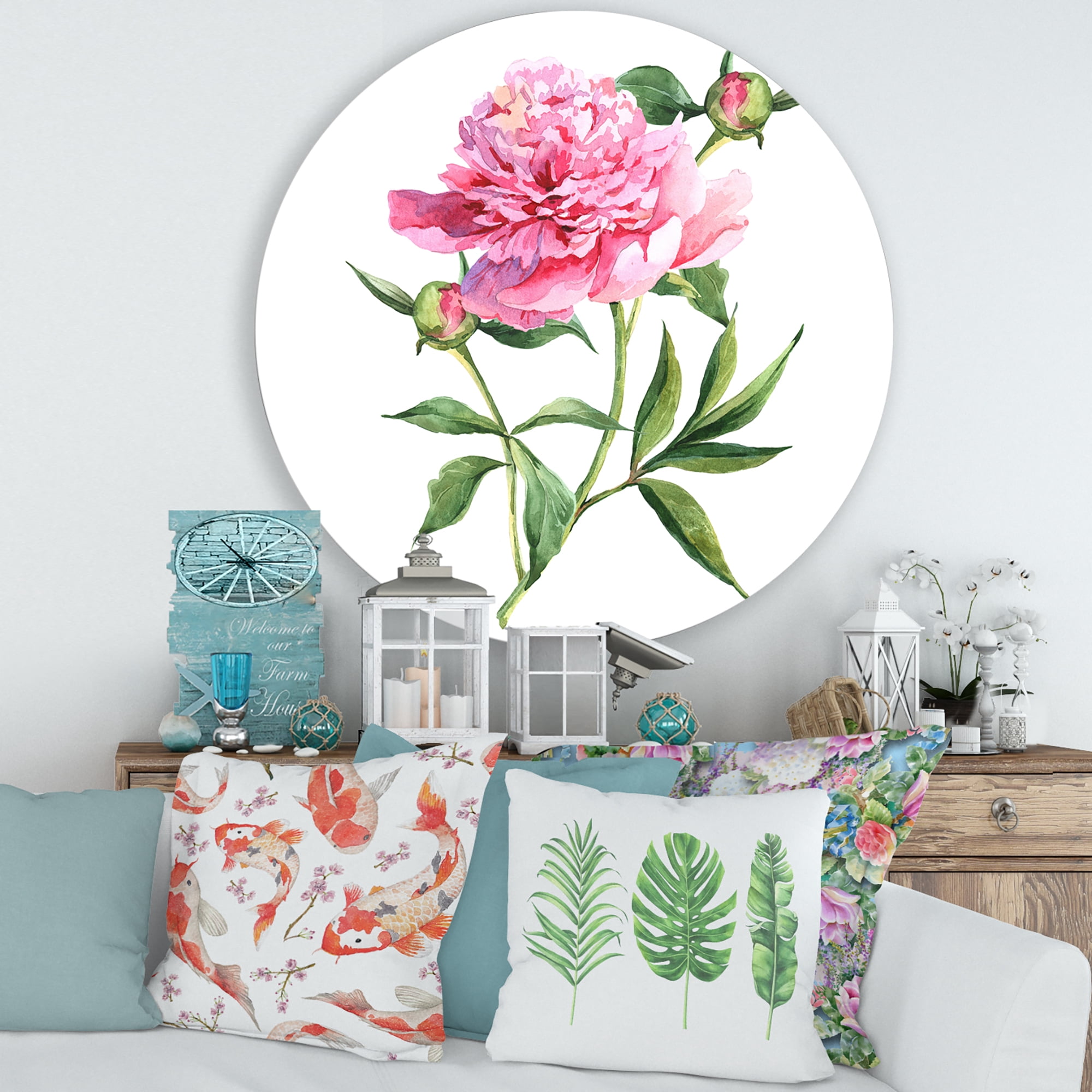 Designart 'Ancient Pink Peonies' Traditional Circle Metal Wall Art 36x36 - Disc of 36