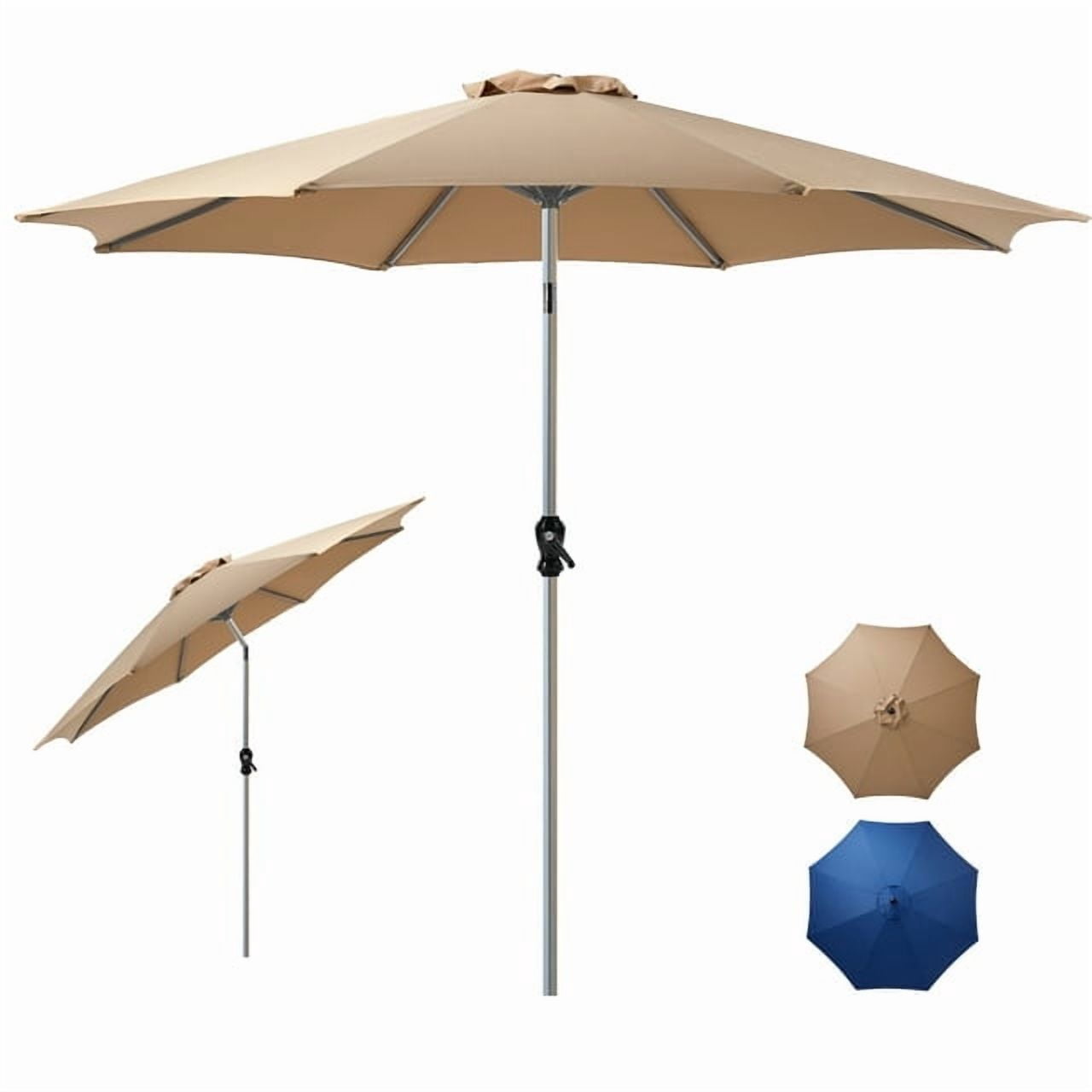 Outdoor Patio Umbrella,9' Outdoor Table Umbrella, Yard Umbrella, Market Umbrella with 8 Sturdy Ribs, Push Button Tilt and Crank, Khaki