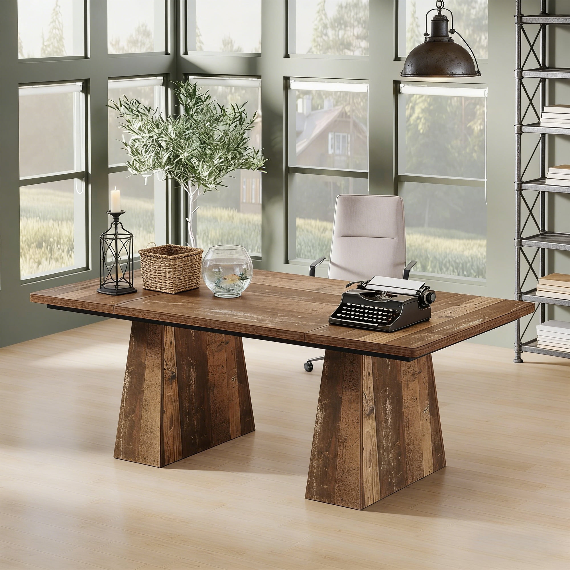63-Inch Executive Desk, Large Home Office Computer Desk With Double Pedestal, Modern 250LB Heavy-Duty Workstation, Writing Table Conference Table, Espresso Brown Business Furniture
