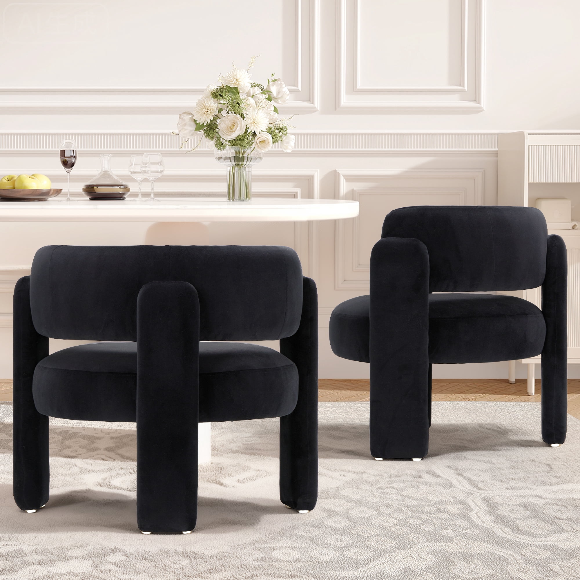 AFO Modern Upholstered Dining Chair Set of 2, Cute Barrel Side Armchair with Round Back for Living Room Dining Room Bedroom, Black