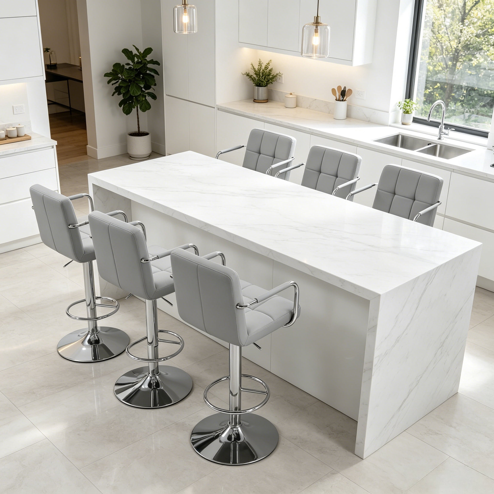 2-Piece Adjustable Gray Swivel Bar Stools with Padded Armrests & Backrests, PU Leather Waterproof, Height Adjustable 24.2-32.5 in