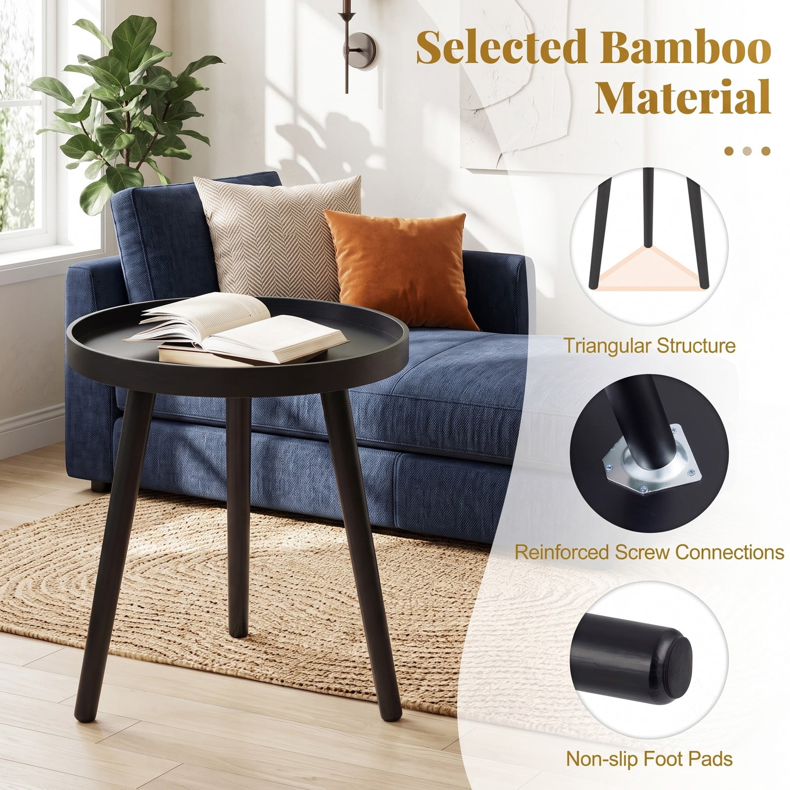 Furnibear Mid Century Modern Round Side Table, Small Sofa End Coffee Table with Bamboo Legs & Wooden Tray Top for Living Room Bedroom Small Spaces, Nightstand, Black