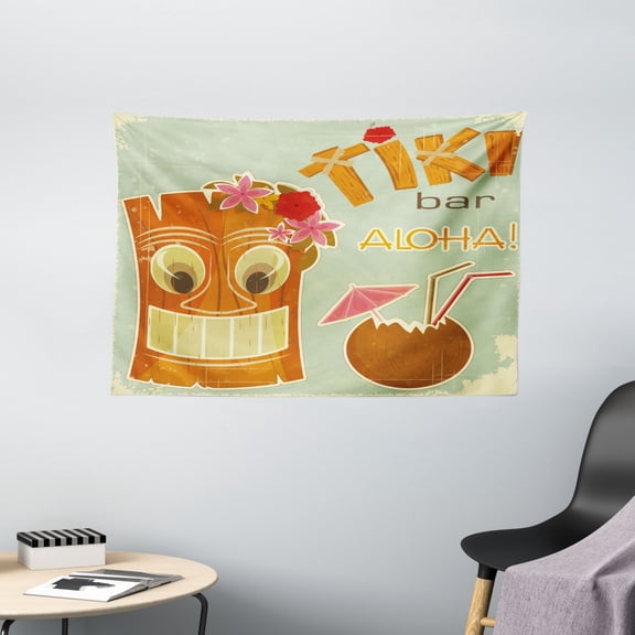 Tiki Bar Decor Tapestry, Invitation to Tiki Bar Old Fashion Display Coconut Drink Mask Flowers Print, Wall Hanging for Bedroom Living Room Dorm Decor, 60W X 40L Inches, Multicolor, by Ambesonne