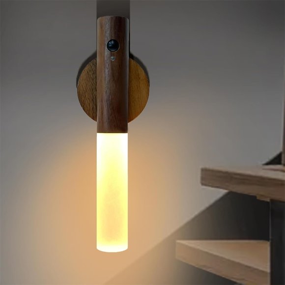 NANDIYNZHI Big Deals Motion Sensor Night Lights With Magnet Body Sensor For Hallway Rechargeable Led Light Portable Stairway Lights Wooden Wall Sconce Battery Powered Night Light Pink