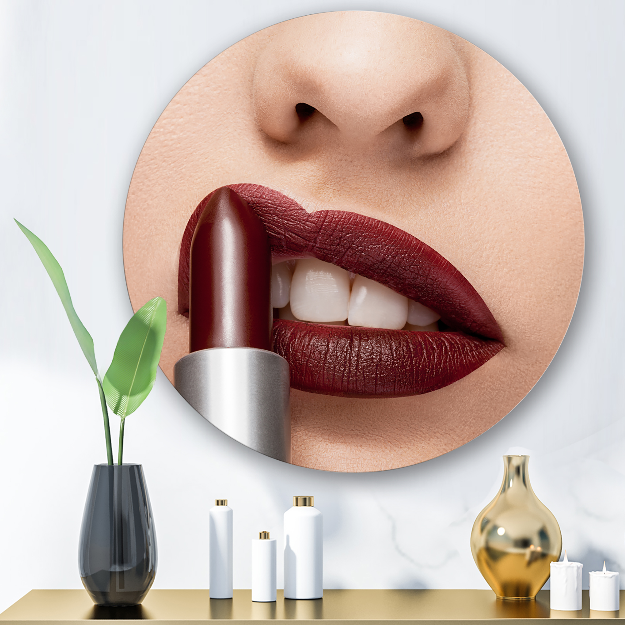 Designart 'Red Lipstick Getting Applyed On Woman Lips' Modern Circle Metal Wall Art 11x11 - Disc of 11
