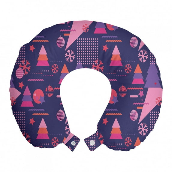 Geometric Travel Pillow Neck Rest, Christmas Themed Polka Dots Stars Snowflakes Triangles and Zigzags, Memory Foam Traveling Accessory Airplane and Car, 12", Dark Indigo Coral Pink, by Ambesonne