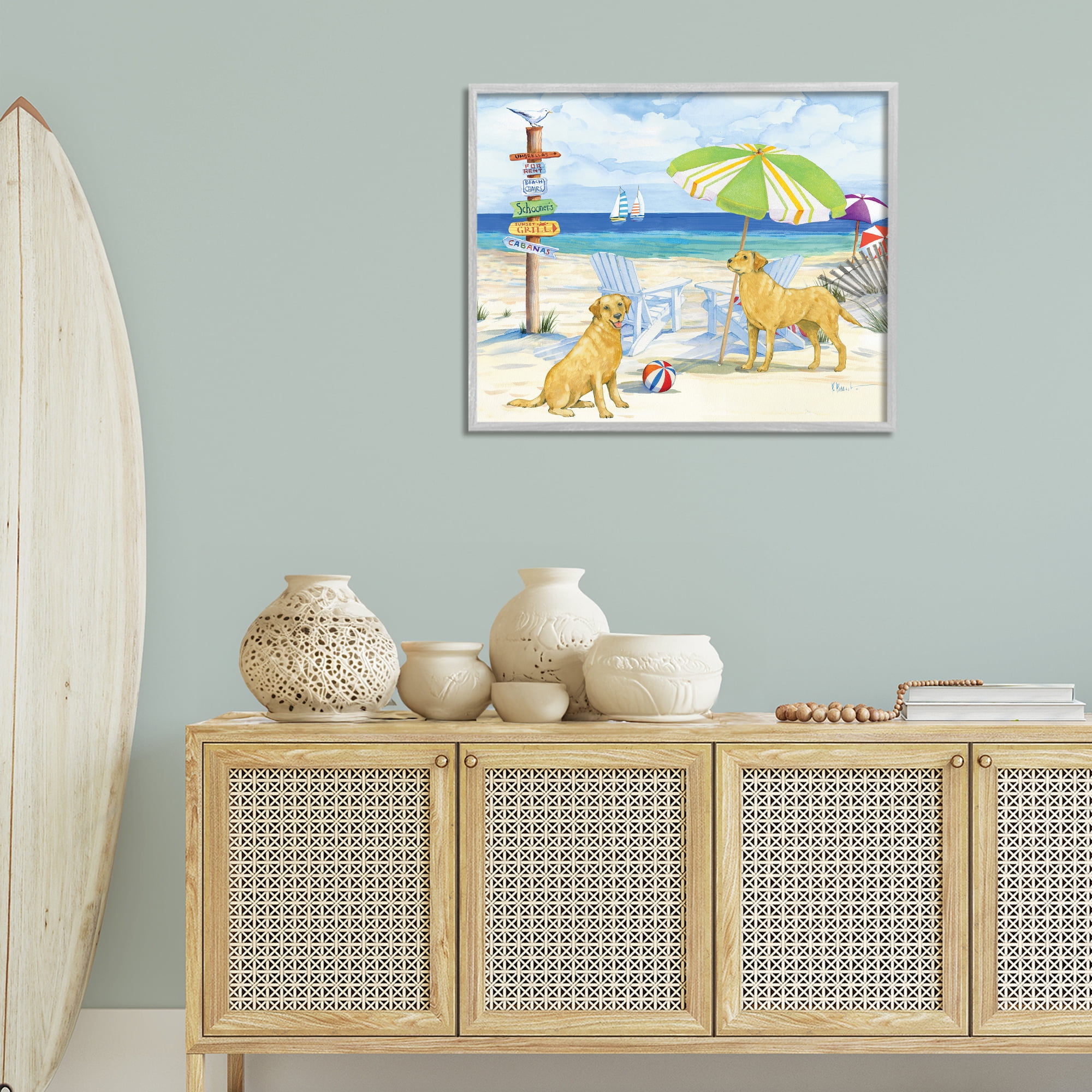 Stupell Industries Retriever Dogs at Beach Animals & Insects Painting Gray Framed Art Print Wall Art, 30 x 24