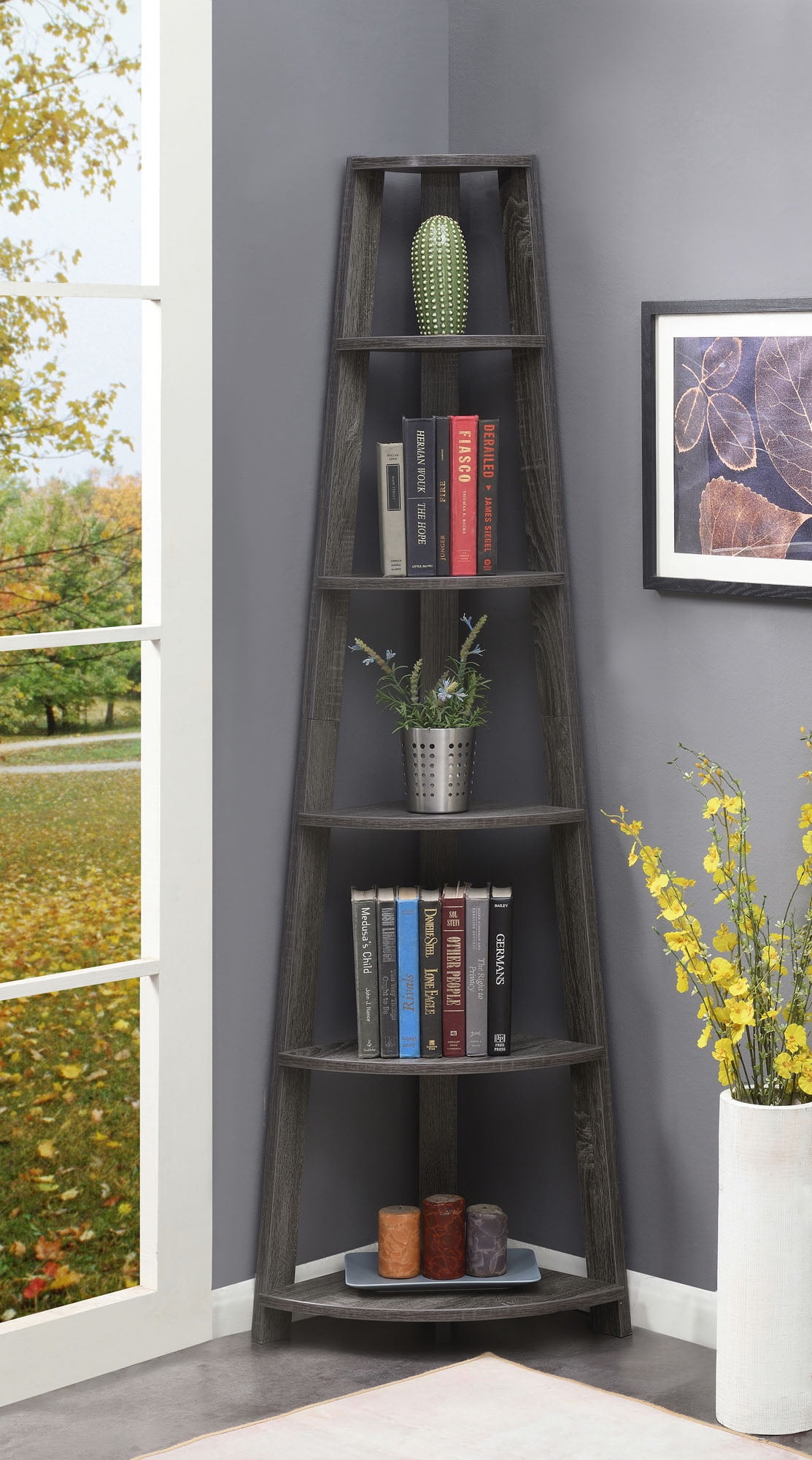 Grey Wooden Wall Corner 5-Tier Bookshelf Bookcase Accent Etagere Gray Display 