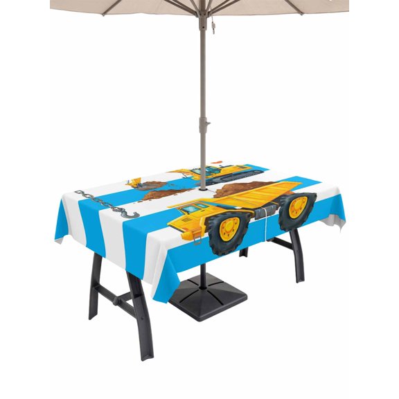 Outdoor Tablecloth with Umbrella Hole for Patio/Picnic/Party/Camping, Blue Striped Yellow Truck Waterproof Table Cloth Rectangle Table Cover Washable, Farmhouse Stripes Modern Art (52"x 70")