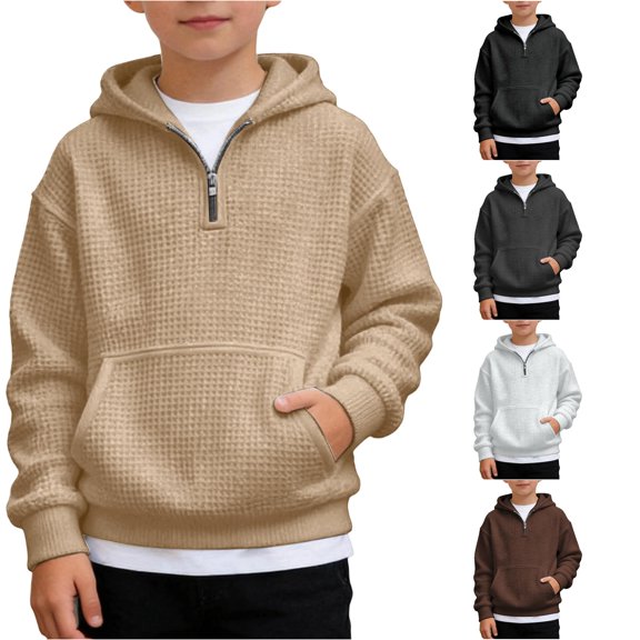 SUXIAN Hoodie For Toddler Half Zip Long Sleeve Pullover Pocket Athletic Casual Wear For Kids Boys Hoodies Khaki 9-10 Years