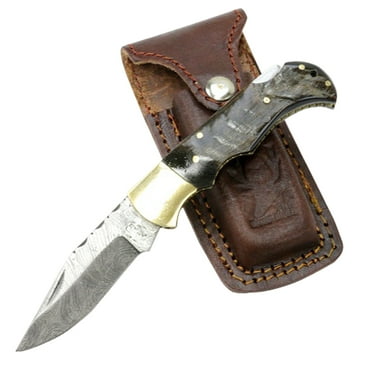 TheBoneEdge 6.5" Damascus Folding Knife Lamb Horn Handle Handmade with Sheath