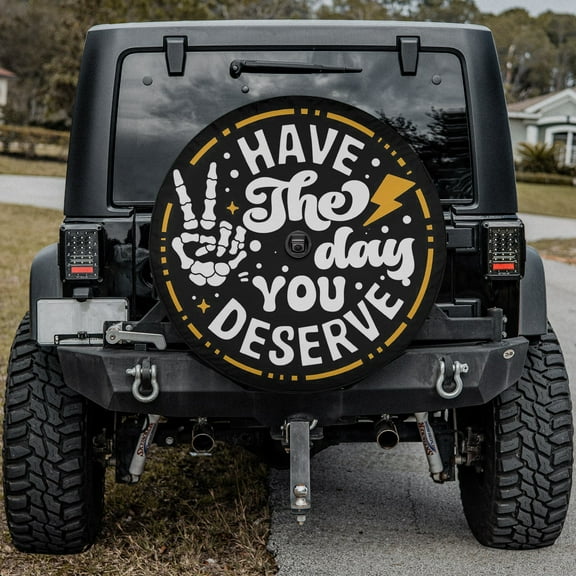Lotusprinthandmade Have The Day You Deserve Peace Skeleton Hand Spare Tire Cover With Backup Camera Hole 6 Sizes (27 in.)