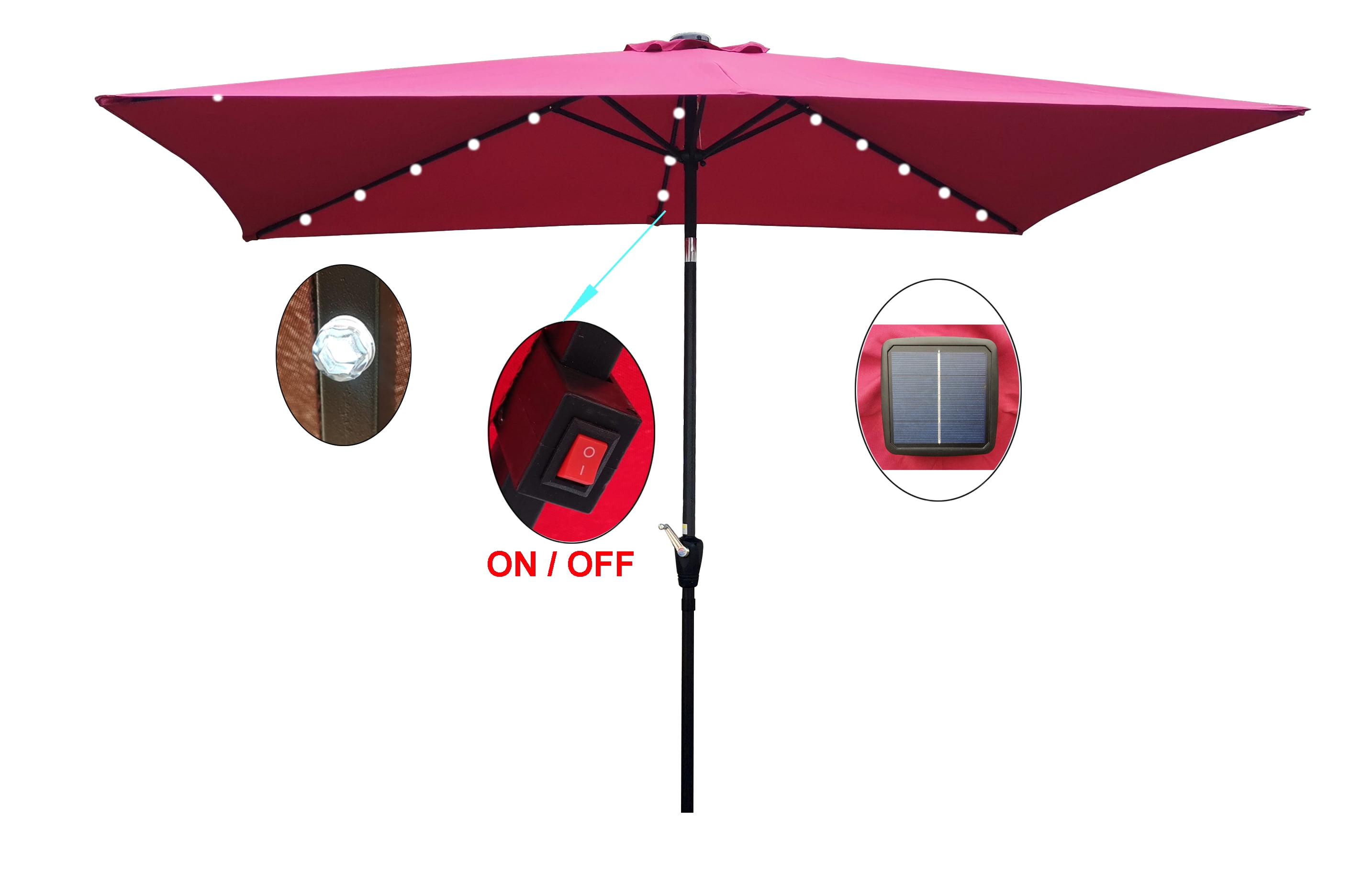 10x6.5 FT Rectangular Patio Umbrella, Solar LED Waterproof Outdoor Sun Shade Canopy with Tilt Function, Burgundy